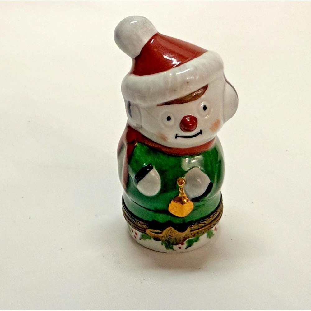 Limoges France Peint Main Snowman Trinket Box Christmas Hand Painted Porcelain